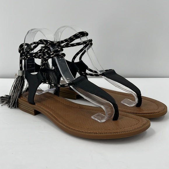 NINE West Gannon Strappy Sandal Wrap Flat Black Tassel Boho Gladiator 6 - Picture 4 of 9